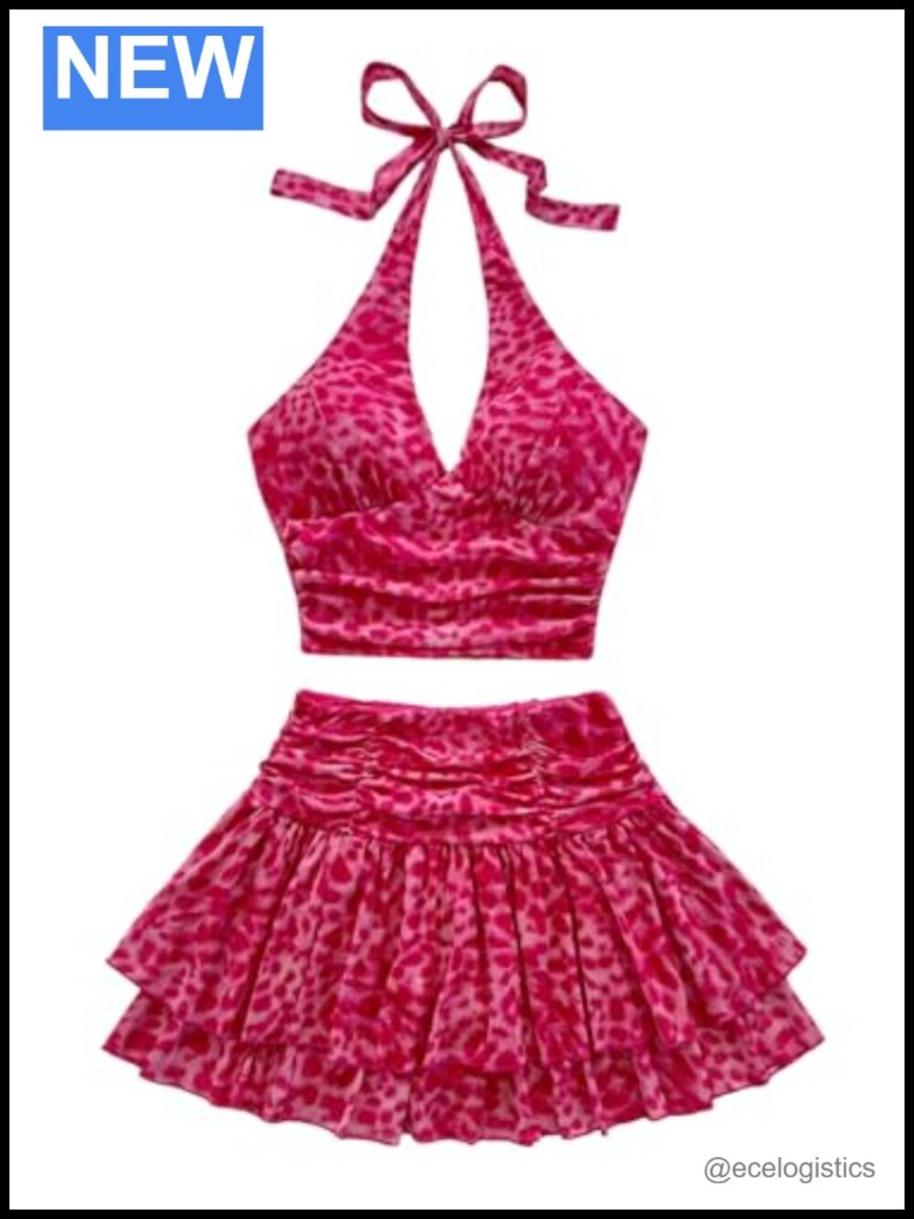 2 Piece Skirt Set Leopard Crop Halter Layered Mini